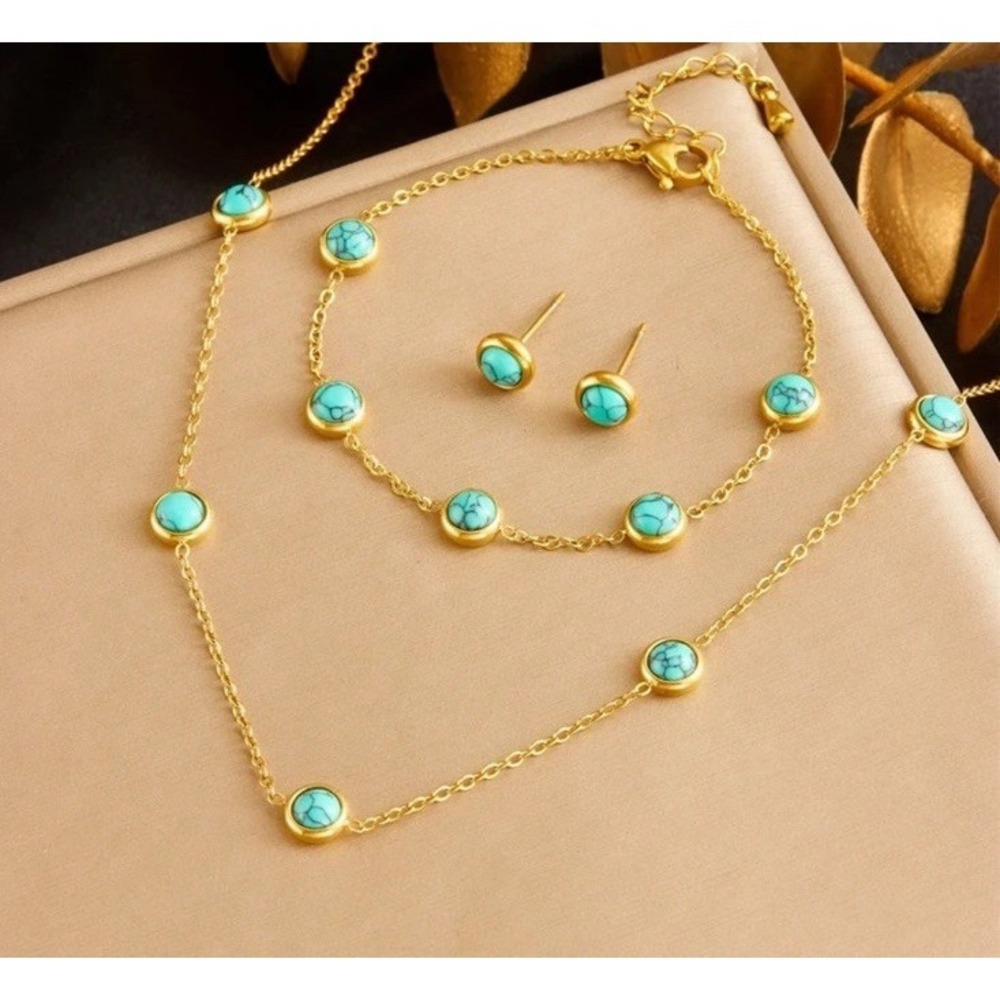 (..19)18‎ K Gold Plated Stainless Steel Round Turquoise Jewerly Set 3 Pcs